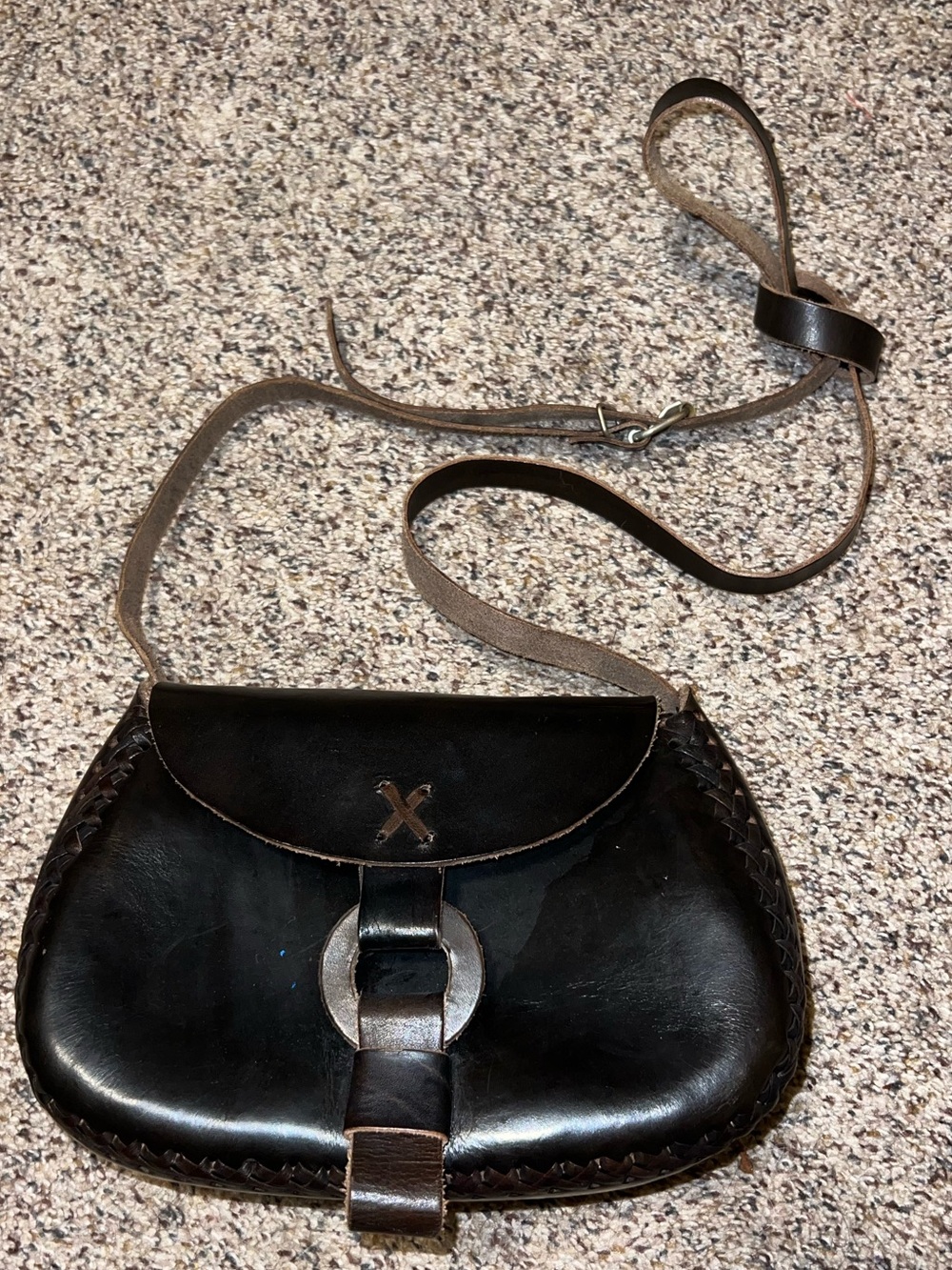 Vintage Handmade Black Genuine Leather Crossbody Saddle Bag Whipstitch Accent